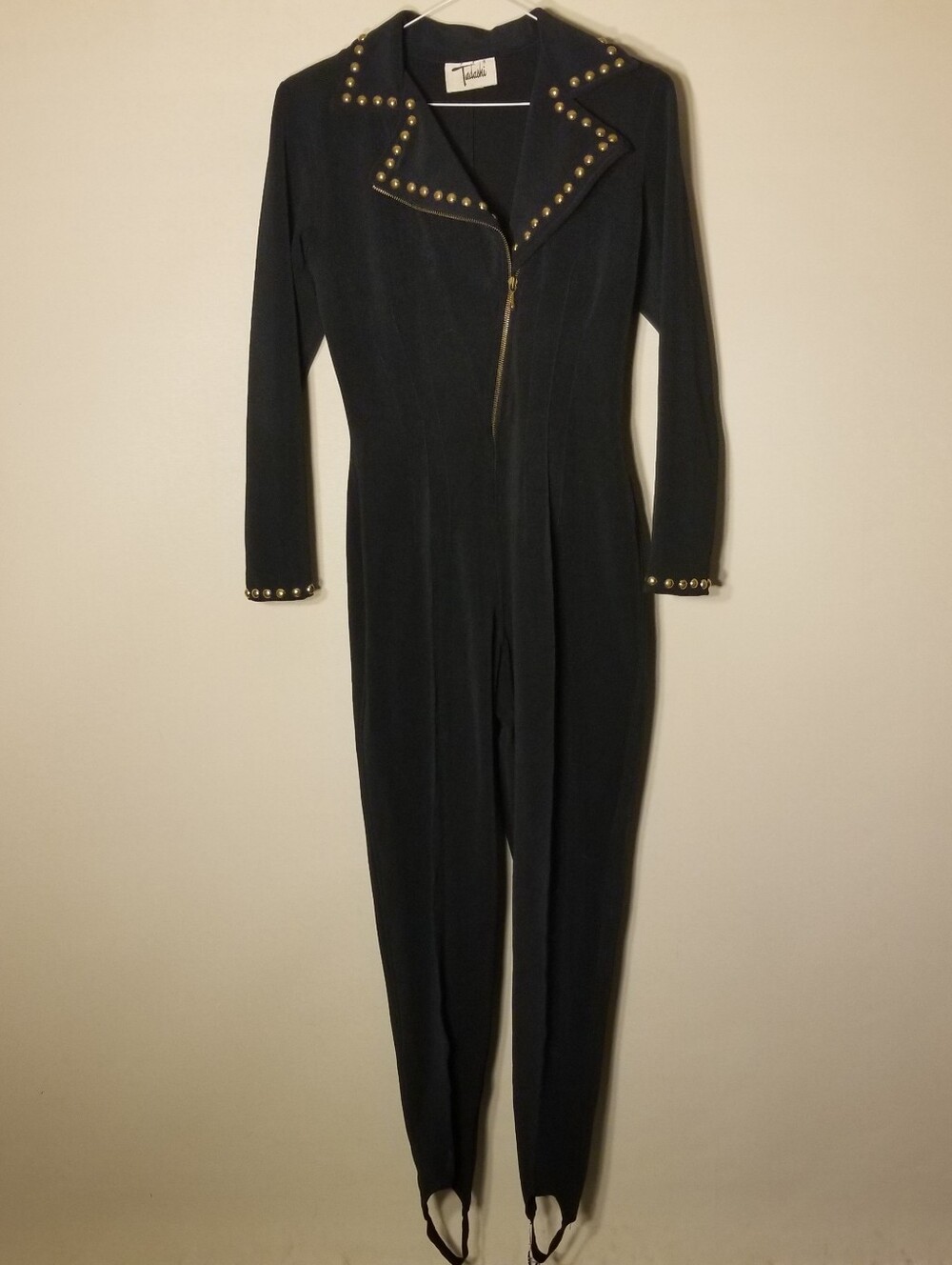 Vintage 1980's Tadashi Black Moto Style Stirrup Jumpsuit With Gold Studs Size L